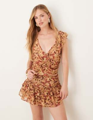 heidi chiffon floral print wrap top in rust - part of a set-Brown