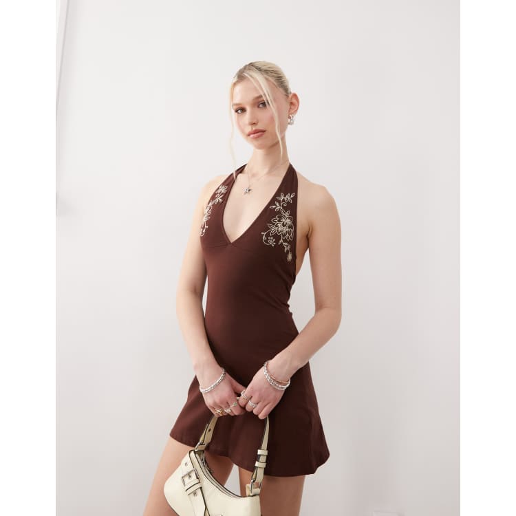 motel hepzhi floral embroidered halter mini dress Pahi Short Dress – Retrofete