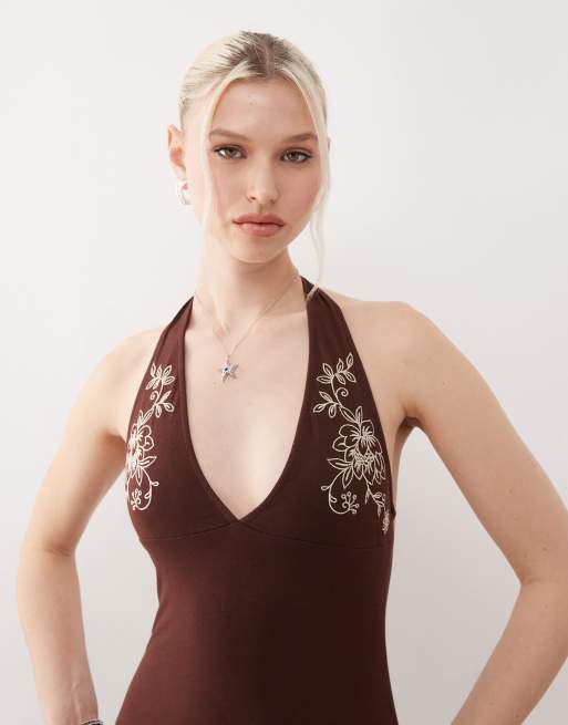 Motel - Hepzhi - Geborduurd halter mini jurkje in chocolade, 2 van 4