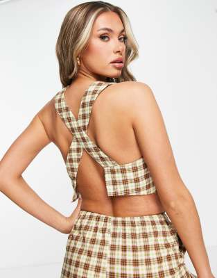 Motel high neck cross back crop top in retro brown check co-ord