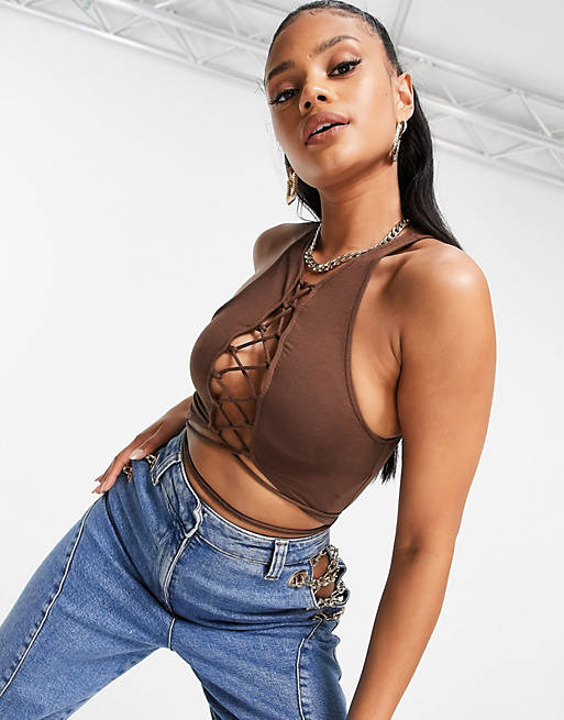 Motel high neck lattice front wrap crop top co-ord