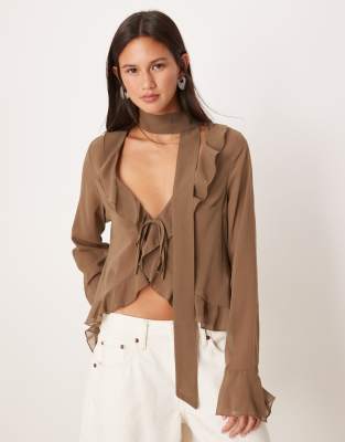 Motel - Hirap - Blusa color mocha trasparente con volant sul davanti - view 1