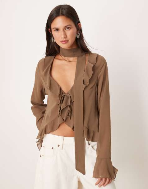 Motel hirap ruffle front sheer blouse in mocha