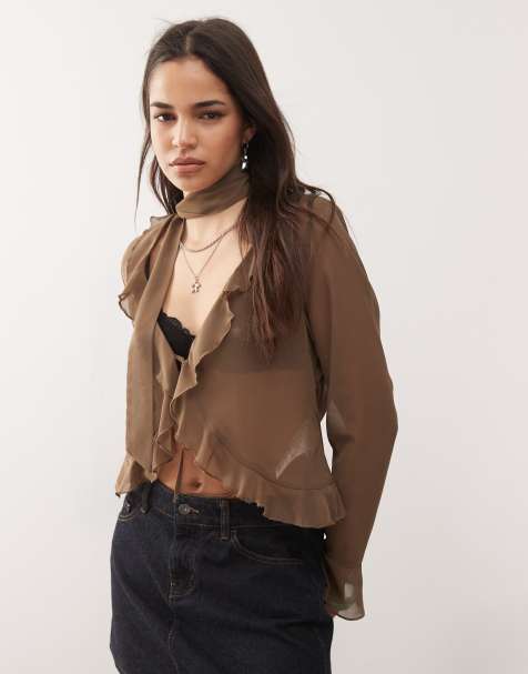Motel hirap ruffle front sheer blouse in mocha - view 1