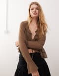 [Motel] Motel Hirap ruffle front sheer blouse in mocha-Brown 2XS Coffee