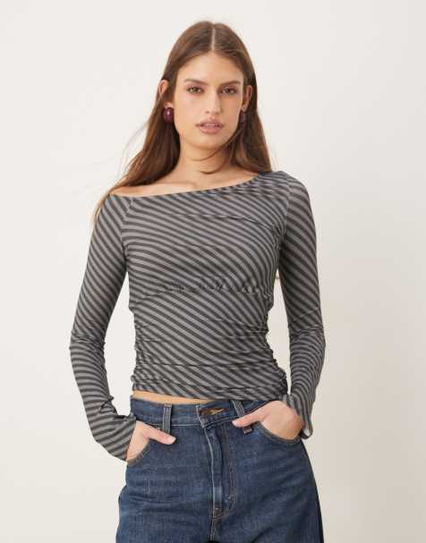 Motel - Hoang - Blå langærmet offshoulder-overdel med striber - view 1