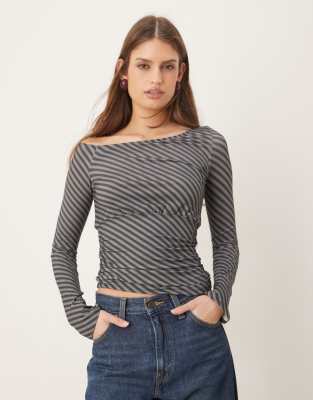 Motel Hoang Off Shoulder Long Sleeve Striped Top In Blue