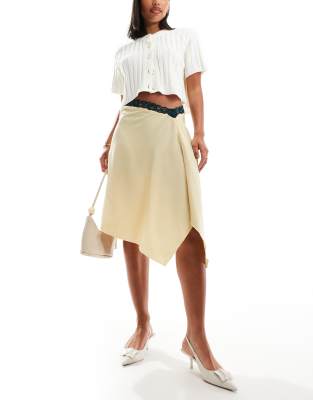 Motel Houda Lace Edge Split Detail Midi Skirt In Yellow