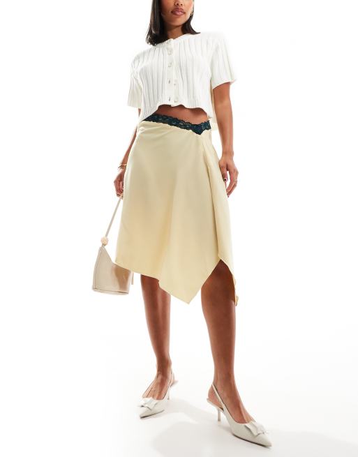 Motel houda lace edge split detail midi skirt in yellow