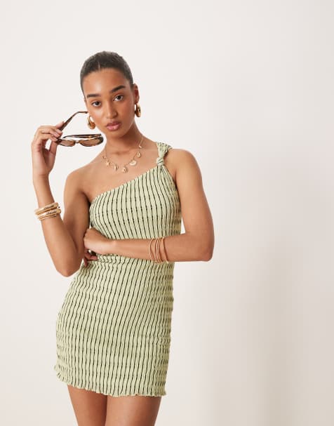 Motel idarius shirred stripe asymmetric mini dress in mint - view 1