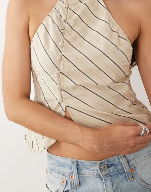 Motel Iggya asymmetrisk top med knapper og høj hals i beige stribe, 3 af 4