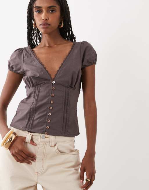 Motel - Ilias - Blouse boutonnée à décolleté plongeant - Grain de poivre, 3 de 4
