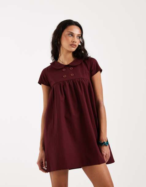 Motel Imiraty button babydoll collared dress in maroon - view 1