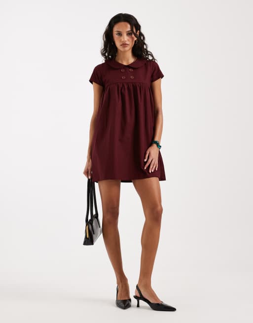 Motel Imiraty button babydoll collared dress in maroon, 2 of 4