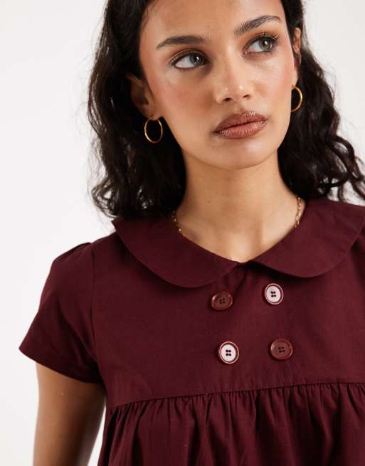 Motel Imiraty button babydoll collared dress in maroon, 3 of 4