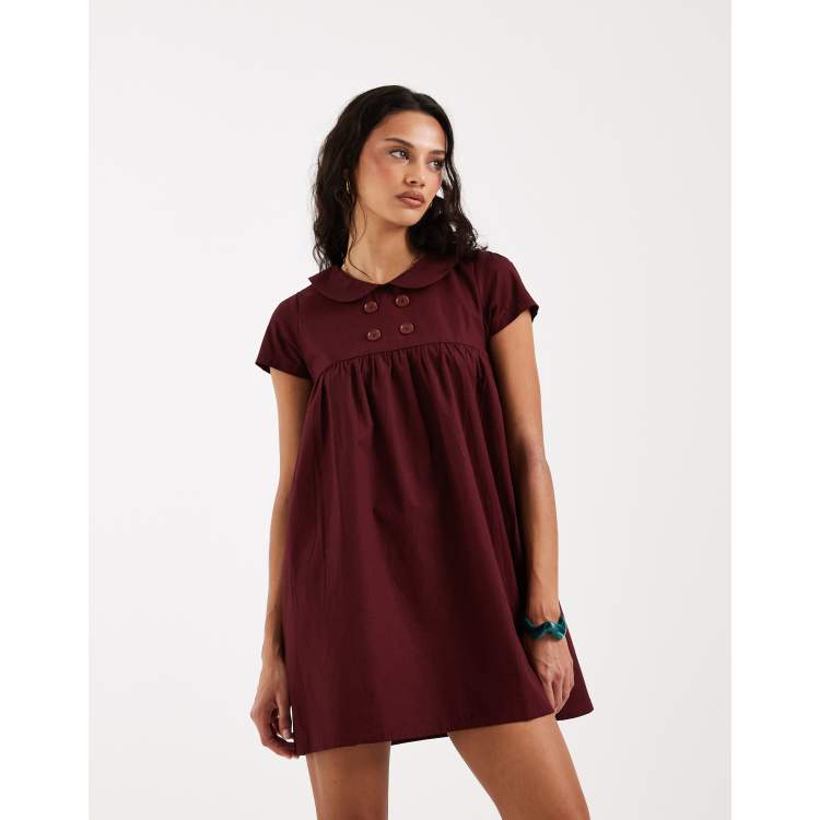 burgundy babydoll dress with black lace detailing Imiraty Babydoll Mini Dress in Poplin Maroon , Zip Up , Buttons