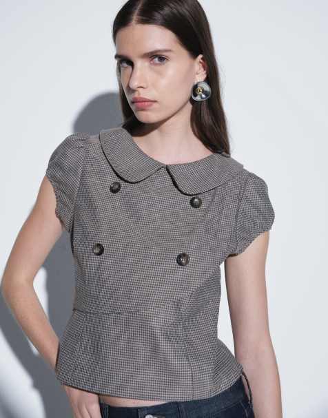 Motel inihar mini check collared shirt in brown checked - view 1