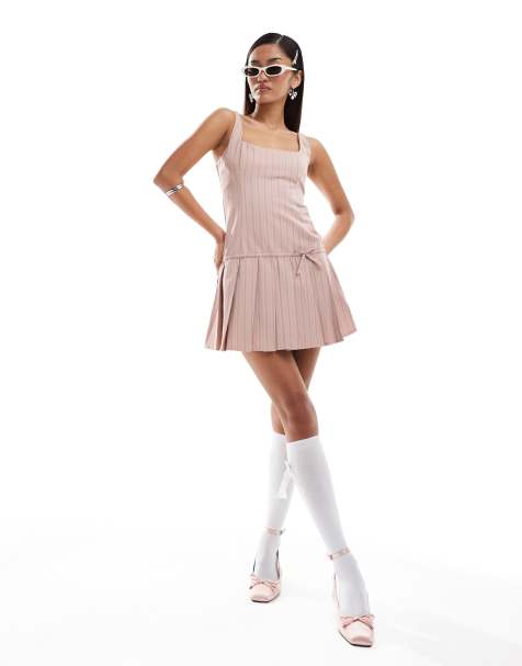 Motel jadzia drop waist pleated mini dress in pink pinstripe - view 1