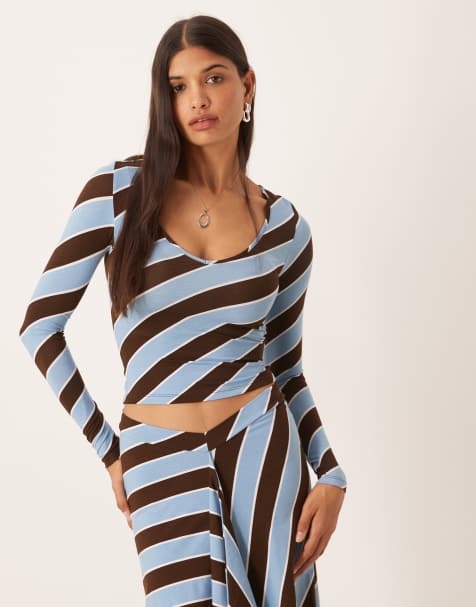 Motel Jael long sleeve co-ord striped top in blue brown