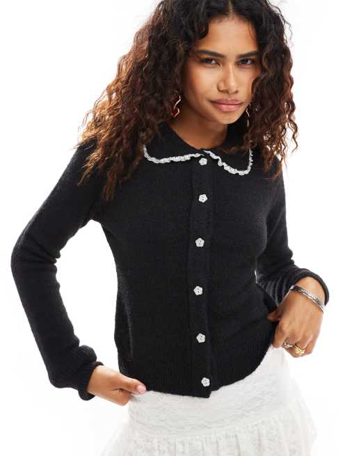 Motel jaiko frill collar cardigan in black
