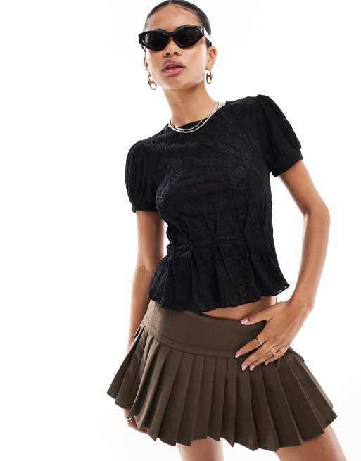 Motel jaina puff sleeve textured blouse top in black