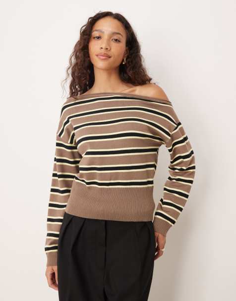 Motel Jalira Asym off shoulder stripe jumper in brown yellow