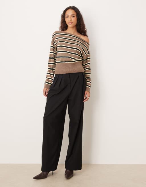 Motel Jalira asymmetric off shoulder stripe jumper in brown yellow, 2 of 4