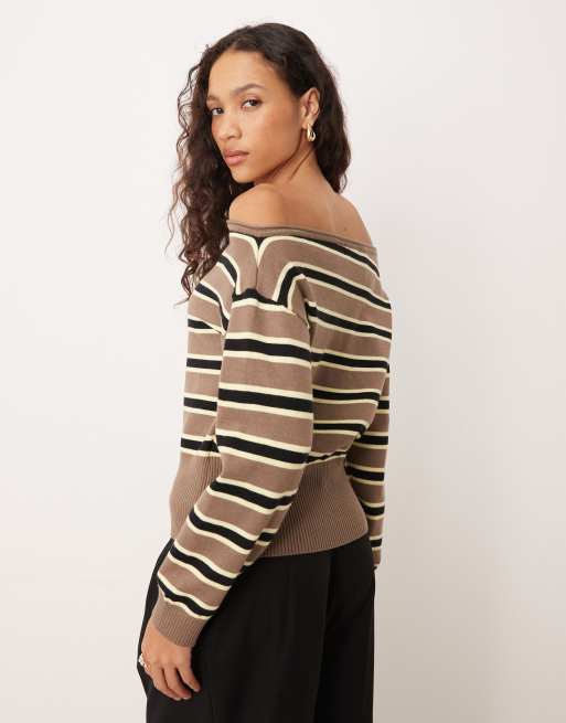 Motel Jalira asymmetric off shoulder stripe jumper in brown yellow, 4 of 4