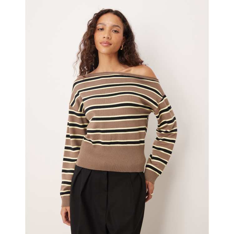 Motel Jalira asymmetric off the shoulder striped sweater in brown