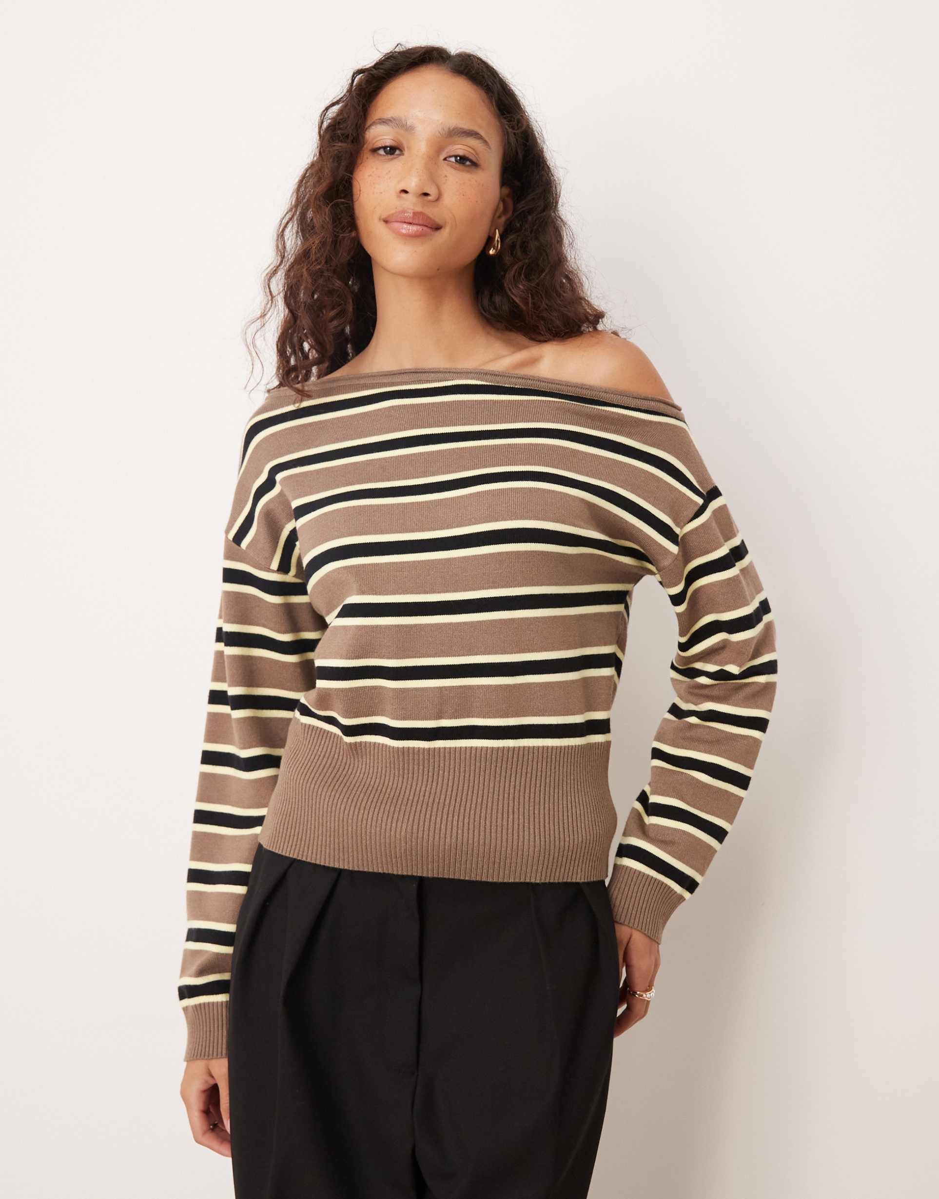 motel jalira asymmetric off the shoulder striped sweater in brown yellow