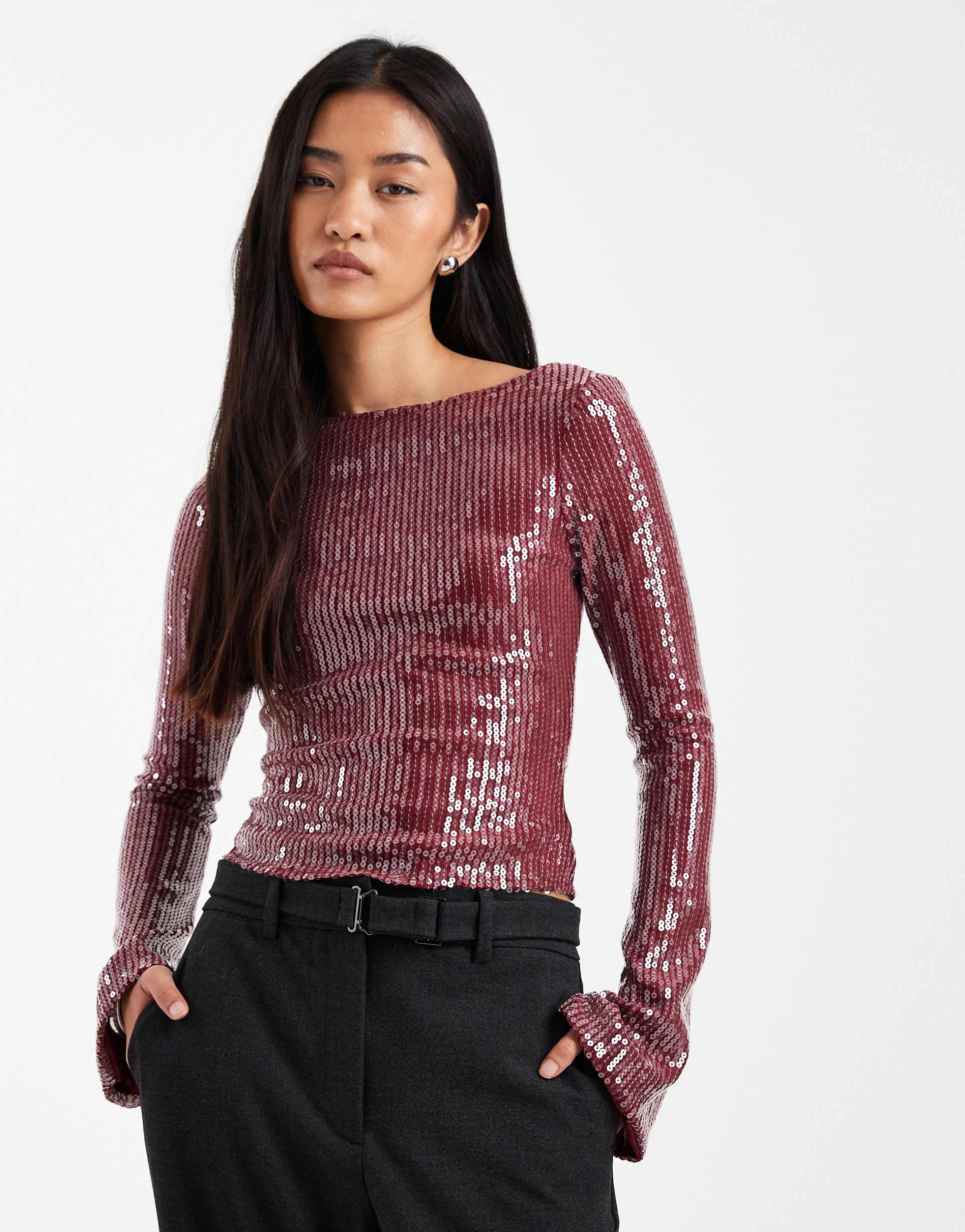 motel jalwa long sleeve sequin top in maroon