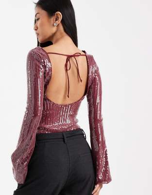 Motel Jalwa Long Sleeve Sequin Top In Red