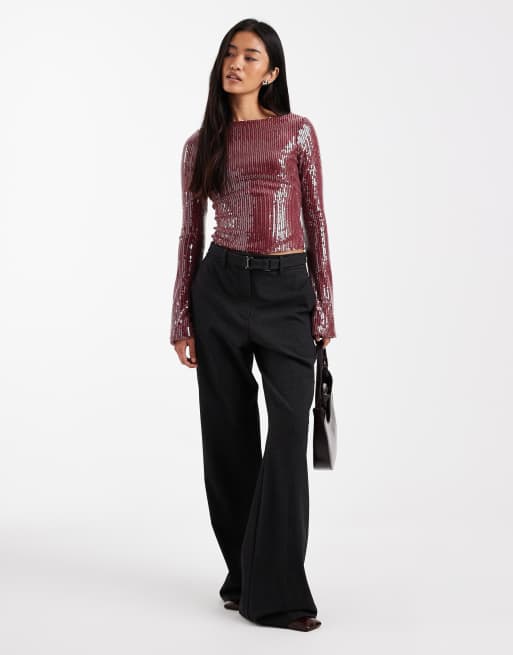 Motel Jalwa long sleeve sequin top in maroon, 3 of 4