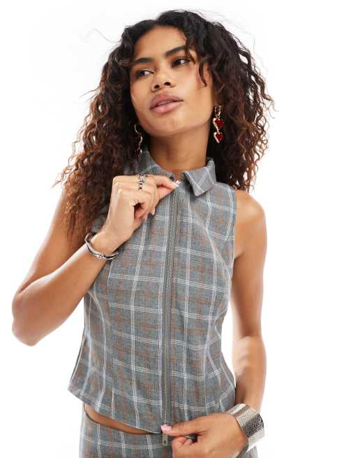 Motel Janae sleeveless front zip top in grey check (part of a set)