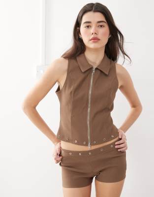Motel Janae Studded Zip Through Tank Top In Brown