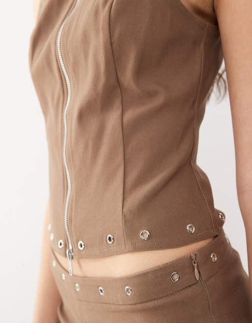 Motel Janae studded zip through tank top in brown - part of a set, 2 of 4