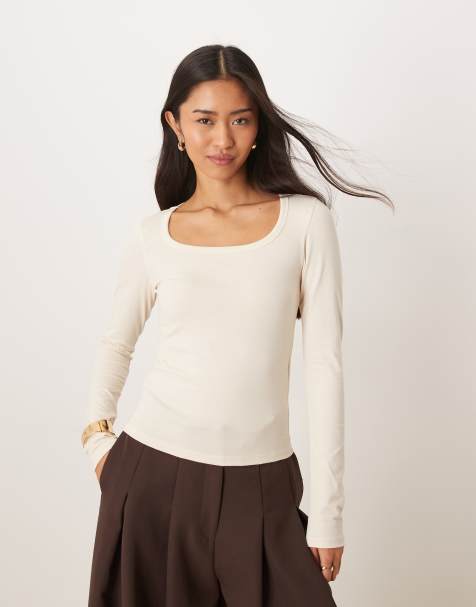 Motel Janana long sleeve scoop neck top in ivory