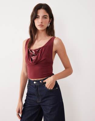 Motel Janic Sequin Top In Red