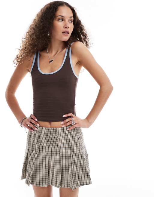 Motel Jastiya deeop scoop ringer singlet in brown and blue