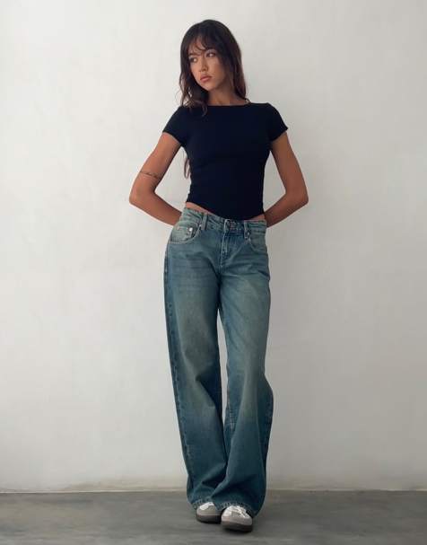 Motel - Jeans blu verde vintage a vita bassa con gambe parallele - view 1