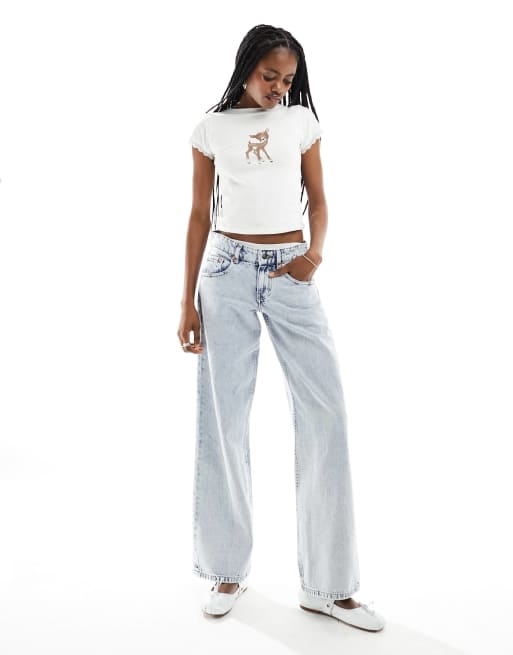 Motel - Jeans in jaren 80-stijl met parallelpijpen en lage taille in lichtblauw met wassing