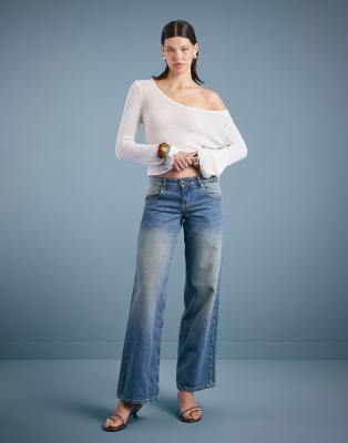 Motel - Jeans in Vintage-Blaugrün mit niedrigem Bund und geradem Schnitt