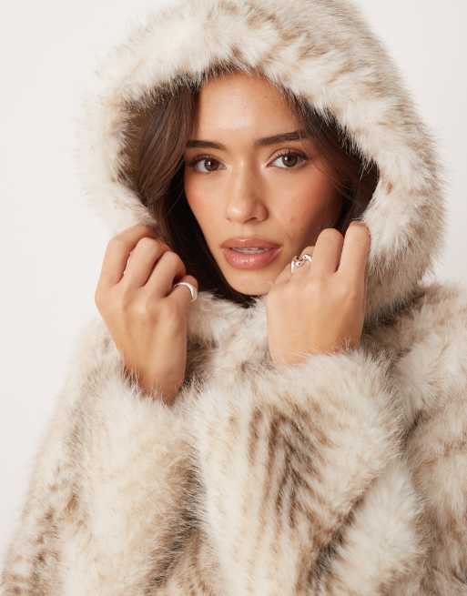 Motel Jemi hooded cropped faux fur jacket in cream | ASOS