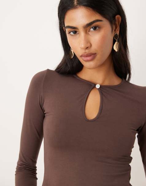 Motel Jenji long sleeve top with pearl detail in peppercorn