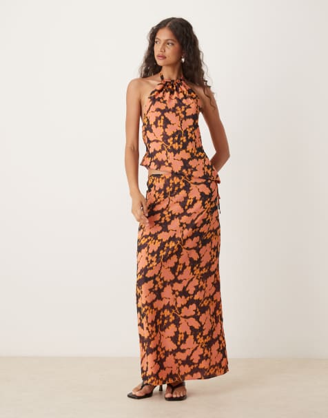 Motel  jezza floral print chiffon maxi skirt in orange