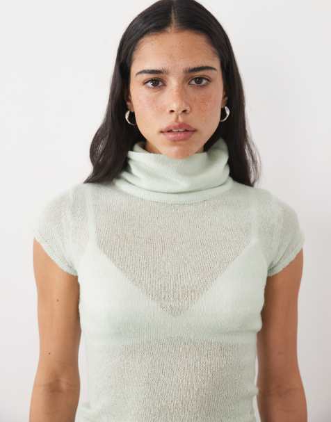 Motel Jian short sleeve knit top with buckle detail in aqua blue - view 1