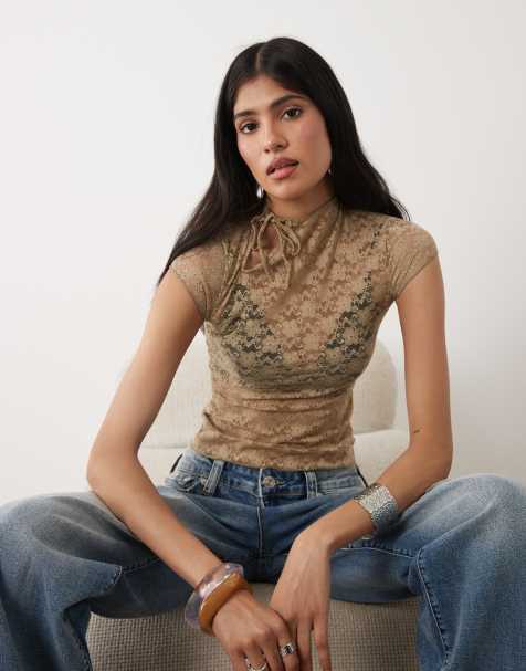 Motel Jiwon keyhole lace top in khaki - view 1