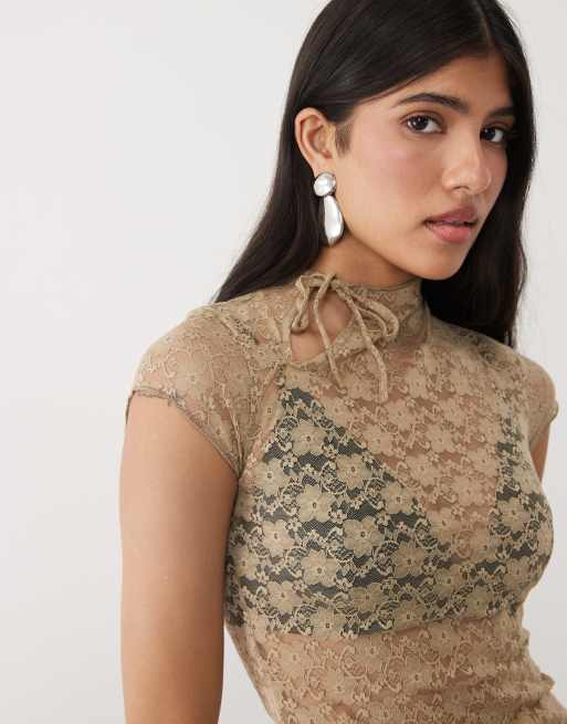 Motel Jiwon keyhole lace top in khaki, 2 of 4