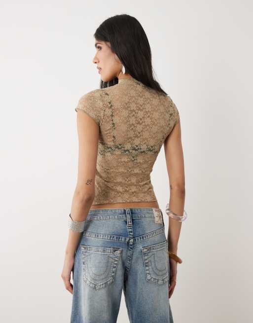 Motel Jiwon keyhole lace top in khaki, 3 of 4