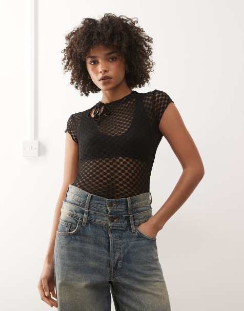 Motel Jiwon keyhole polka lace top in black - view 1